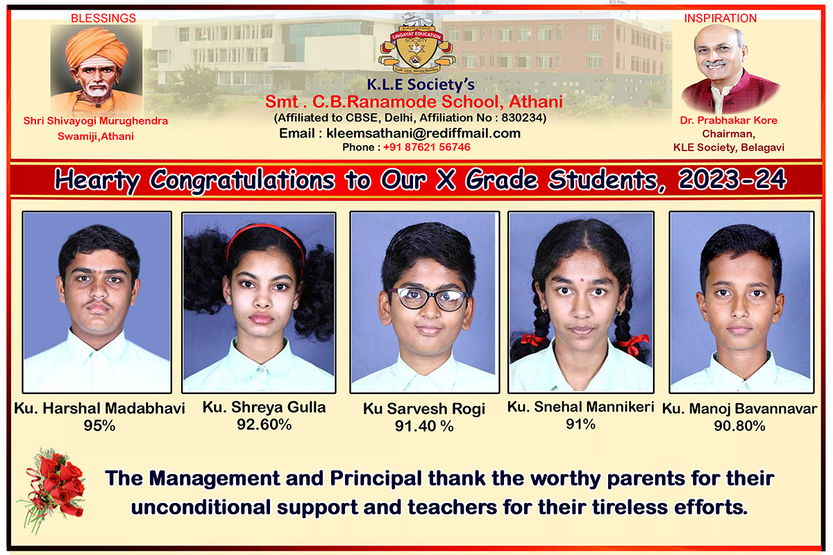 KLE SCHOOL,ATHANI - Hearty Congratulations to Our School Toppers, 2023-24 KLE SCHOOL, ATHANI - Hearty Congratulations to Our School Toppers, 2023-24