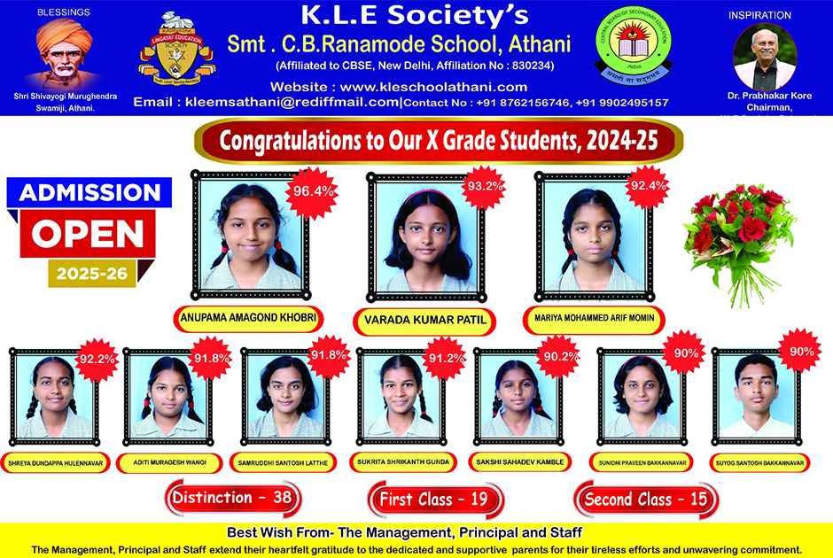 KLE SCHOOL, ATHANI - Hearty Congratulations to Our School Toppers, 2024-25