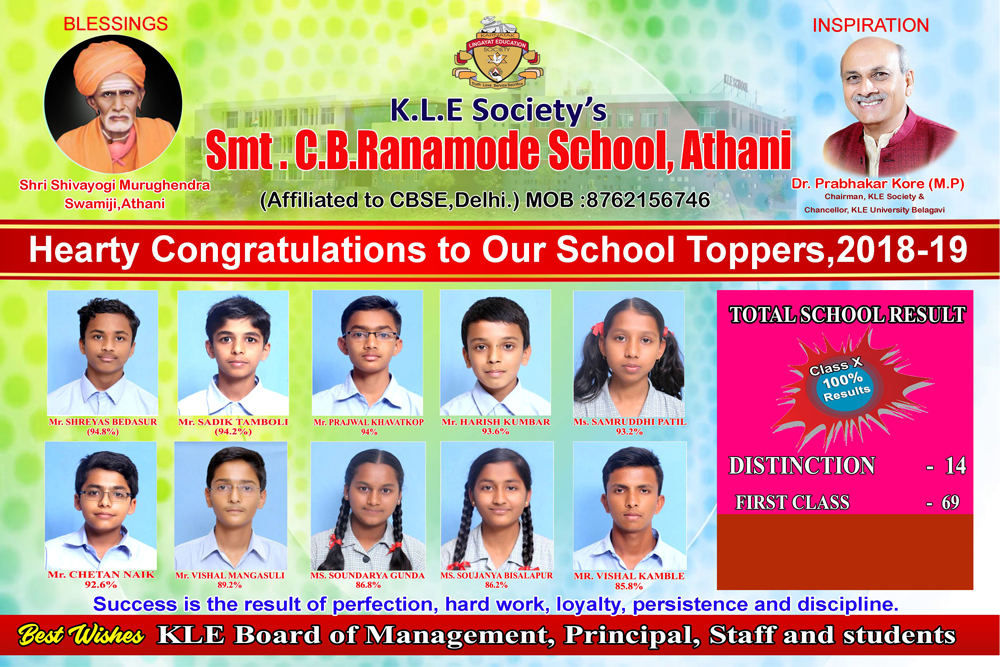 KLE SCHOOL,ATHANI - Hearty Congratulations to Our School Toppers, 2018-19 KLE SCHOOL,ATHANI - Hearty Congratulations to Our School Toppers, 2017-18